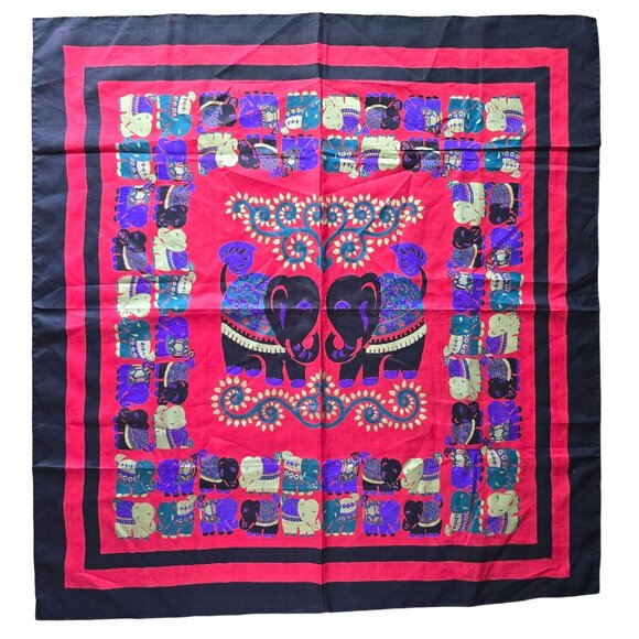 Vintage Thai Silk Elephant Scarf Vibrant Red & Black Design Taiwan - Picture 2 of 16